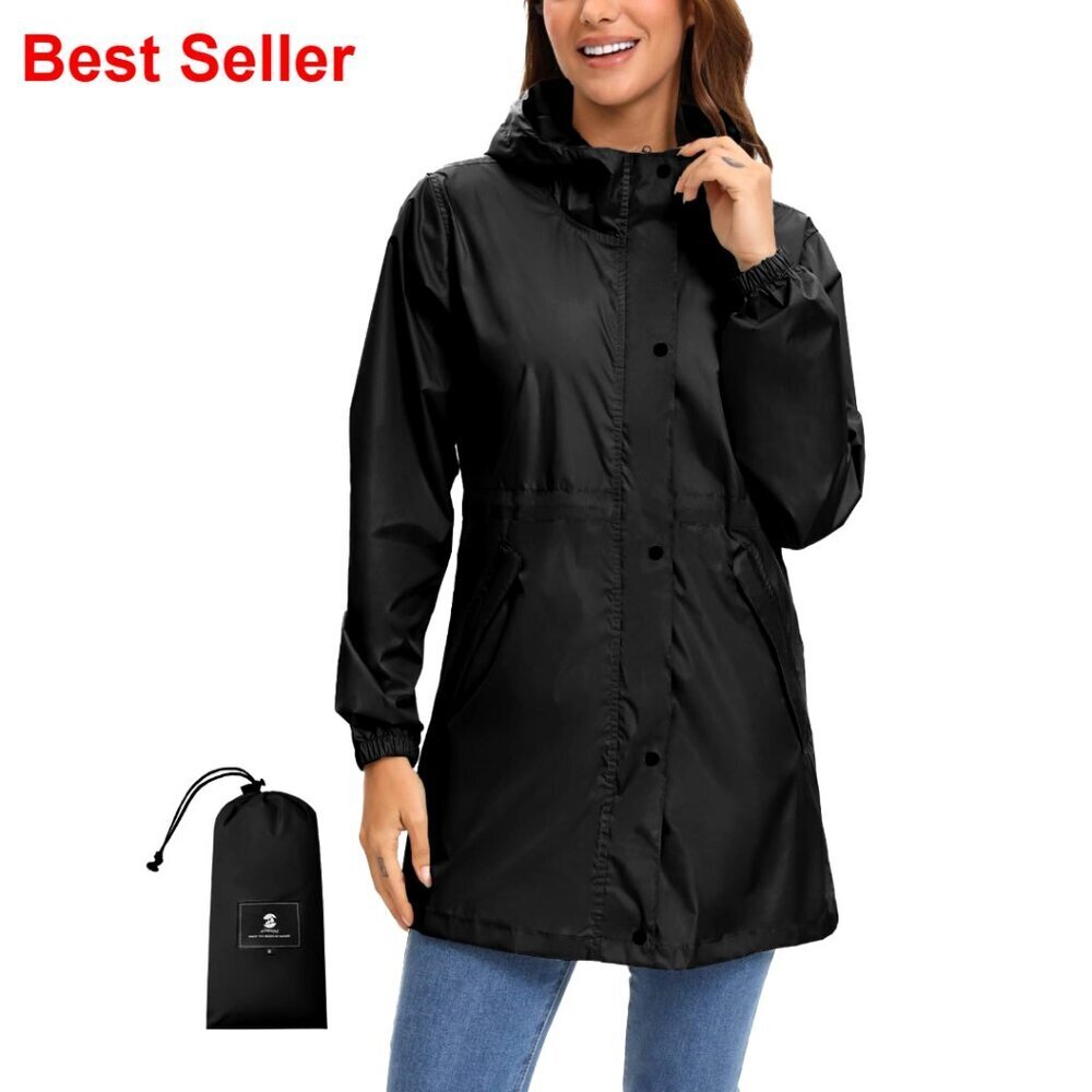 Lightweight Packable Long Rain Jacket Hooded Trench Coat